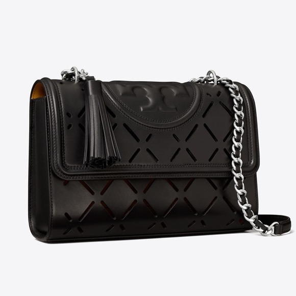 TORY BURCH FLEMING DIAMOND CUT-OUT PERFORATED CONVERTIBLE SHOULDER BAG IN BLACK - Picture 3 of 7